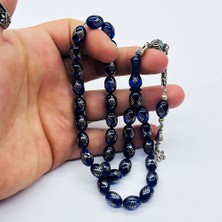 Mavi Renkte 925 Ayar Gümüş Işlemeli Sıkma Ateş Kehribar Tesbih