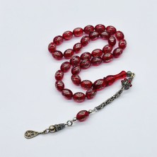 Bayrak Kırmızısı 925 Ayar Gümüş Işlemeli Sıkma Ateş Kehribar Tesbih