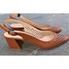 Nish N2403 Kadın Hakiki Deri Lazerli Arkası Açık Kalın Topuklu Ayakkabı