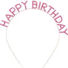 Pembe Kristal Taşlı Gold Happy Birthday Taçı