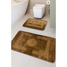 Feel Home Simav Deluxe Kaymaz Taban, Emici 2'li Lüks Baskılı Banyo Paspası Kahverengi