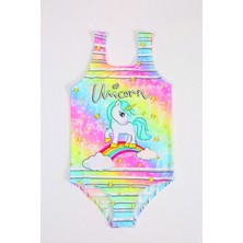 Şık Kız Çocuk Mayo Unicorn Gökkuşağı Desenli Rahat Hızlı Kuruyan Mayo Deniz Havuz Plaj Mayosu