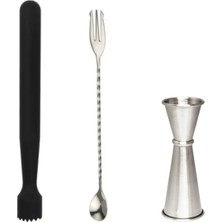 Mojito Tokmağı Siyah 20.7 cm Çatallı Kaşık 30 cm Jigger 3/6 cl Tokmak Bar Tokmağı Kokteyl Jigger