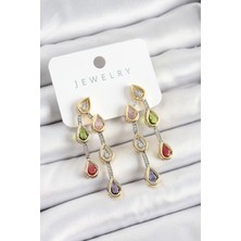 Pirinç Çoklu Damla Model Karşık Zirkon Taşlı Gold ve Gümüş Renk Kadın Küpe
