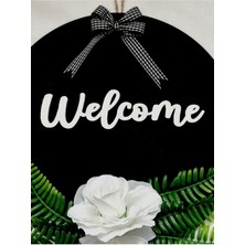Macrome Kids Welcome Yazılı 30 cm Siyah Yuvarlak Kapı Süsü El Yapımı Yapay Güllü Vintage Giriş Dekoru