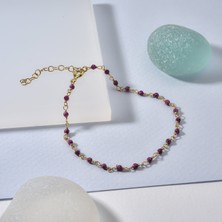 14 Ayar Altın Kaplama Yakut Renk Doğal Taşlı  El Yapımı Gümüş Bileklik - CBS00126