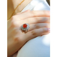 Doğal Taş Akik Doğal Taşlı Telkari Modelli Kadın Ayarlanabilir Gümüş Kaplama Yüzük EUY62AR