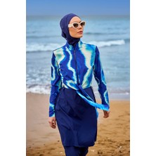 Marina Tam Kapalı Tesettür Mayo Yarım Fermuarlı Lacivert Polyester Düz Renk Su Tahliyeli Tasarım