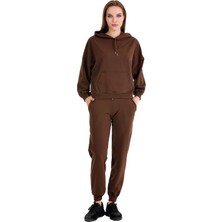 Uzun Kol 22063 Kapüşonlu ve Kanguru Cepli Kahverengi Renk Kadın Spor Eşofman Takımı