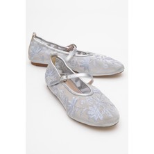 Juny Gri File Çiçek Nakışlı Kadın Babet Ayakkabı