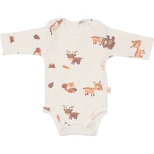 Unisex Ekru Kahve Ceylanlı Desenli Uzun Kol Body Zıbın - 1014866