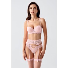 Dolgusuz Jartiyerli ve Çoraplı Ip Askılı Sütyen Takımı C14168 Pudra