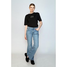 Luna Yüksek Bel Ispanyol Paça Kesim Geniş Paça Mavi Kadın Jean Pantolon