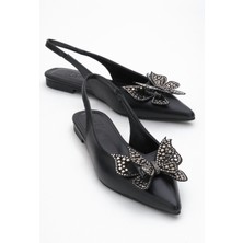 Orıol Siyah Cilt Kelebek Taşlı Sivri Burun Arkası Açık Kadın Babet Ayakkabı