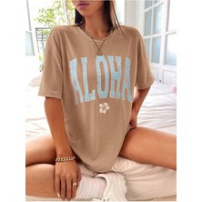 Kadın / Kız Aloha Baskılı Oversize T-Shirt Salaş Boyfirend