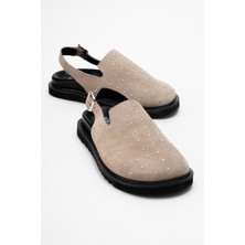 Our Bej Hakiki Deri Süet Zımbalı Burnu Kapalı Kadın Sandalet