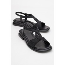 Aurora Siyah Hakiki Deri Taşlı Kadın Sandalet