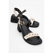 Rabel Siyah-Bej Hakiki Deri Tokalı Kadın Kalın Topuklu Sandalet