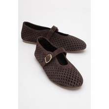 Arian Kahverengi Süet Hakiki Deri Delikli Kadın Babet Ayakkabı