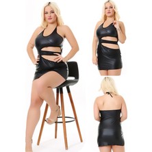 Kılıç Lingerie Kadın Siyah Askılı Dekolteli Sırtı Açık Deri Elbise
