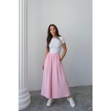 Beli Lastikli Geniş Kesim Kloş double Krep pantolon Etek 5187 - Pembe