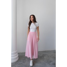 Beli Lastikli Geniş Kesim Kloş double Krep pantolon Etek 5187 - Pembe