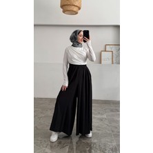 Beli Lastikli Geniş Paça Modal Etekli Pantolon 8809 - Siyah