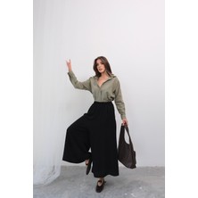 Beli Lastikli Geniş Kesim Kloş double Krep pantolon Etek 5187 - Siyah