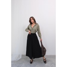 Beli Lastikli Geniş Kesim Kloş double Krep pantolon Etek 5187 - Siyah