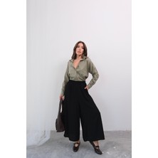 Beli Lastikli Geniş Kesim Kloş double Krep pantolon Etek 5187 - Siyah