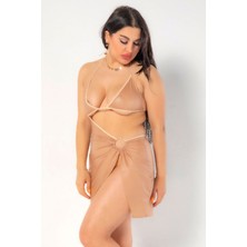 Kılıç Lingerie Kadın Bej Askılı Dekolteli Sırtı Açık Deri Elbise