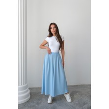Beli Lastikli Geniş Kesim Kloş double Krep pantolon Etek 5187 - Mavi