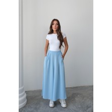 Beli Lastikli Geniş Kesim Kloş double Krep pantolon Etek 5187 - Mavi
