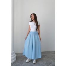 Beli Lastikli Geniş Kesim Kloş double Krep pantolon Etek 5187 - Mavi