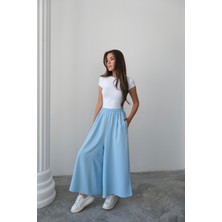 Beli Lastikli Geniş Kesim Kloş double Krep pantolon Etek 5187 - Mavi