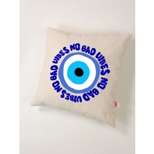 No Bad Vibes Nazar Boncuklu Yıkanmış Keten Kırlent Kılıfı (45X45 Cm)