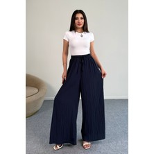 Kraşlı Beli Lastikli modal Geniş Paça Palazzo Pantolon 8846 - Lacivert
