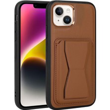 Maks Technology iPhone 14 Plus Kılıf Kartlıklı Standlı ​pu Deri Mkst Memo Kapak-Kahverengi