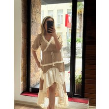 Fisto ve Püskül Detaylı Önü Kısa Keten Karışımlı Elbise Krem Kahve