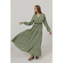 Trend Befaon Önü Yarım Düğmeli Uzun Kol Kemerli Elbise - Haki