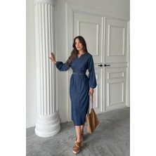 Trend Befaon Mavi Tencel Uzun Kollu Elbise