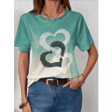 Trend Befaon Kadın Kısa Kollu Bisiklet Yaka Kalp Baskılı Süprem Bluz