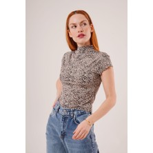 Trend Befaon Leopar Desen Kısa Kollu Basic T-Shirt