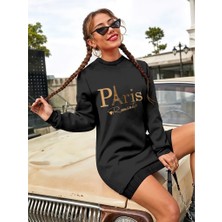 Trend Befaon Kadın Uzun Kollu Bisiklet Yaka Yazılı Kısa Viskon Iki Iplik Elbise