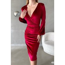 Trend Befaon Kadın Kadife Kumaş Kruvaze Yaka Balon Kol ve Yırtmaç Detaylı Midi Boy Elbise