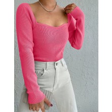 Trend Befaon Kadın Pembe Dekolteli Kare Yaka Triko Bluz 2042