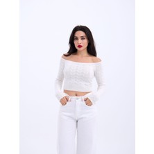 Janes 42241 Triko Kayık Yaka Crop-Ekru