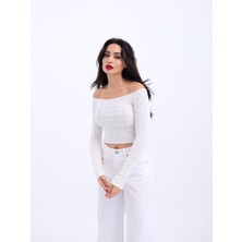 Janes 42241 Triko Kayık Yaka Crop-Ekru
