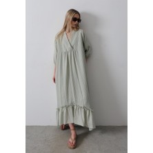Janes Çizgili Oversize V Yaka Elbise - Haki