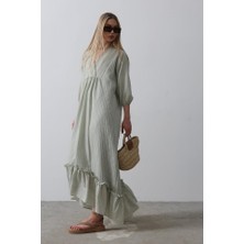 Janes Çizgili Oversize V Yaka Elbise - Haki